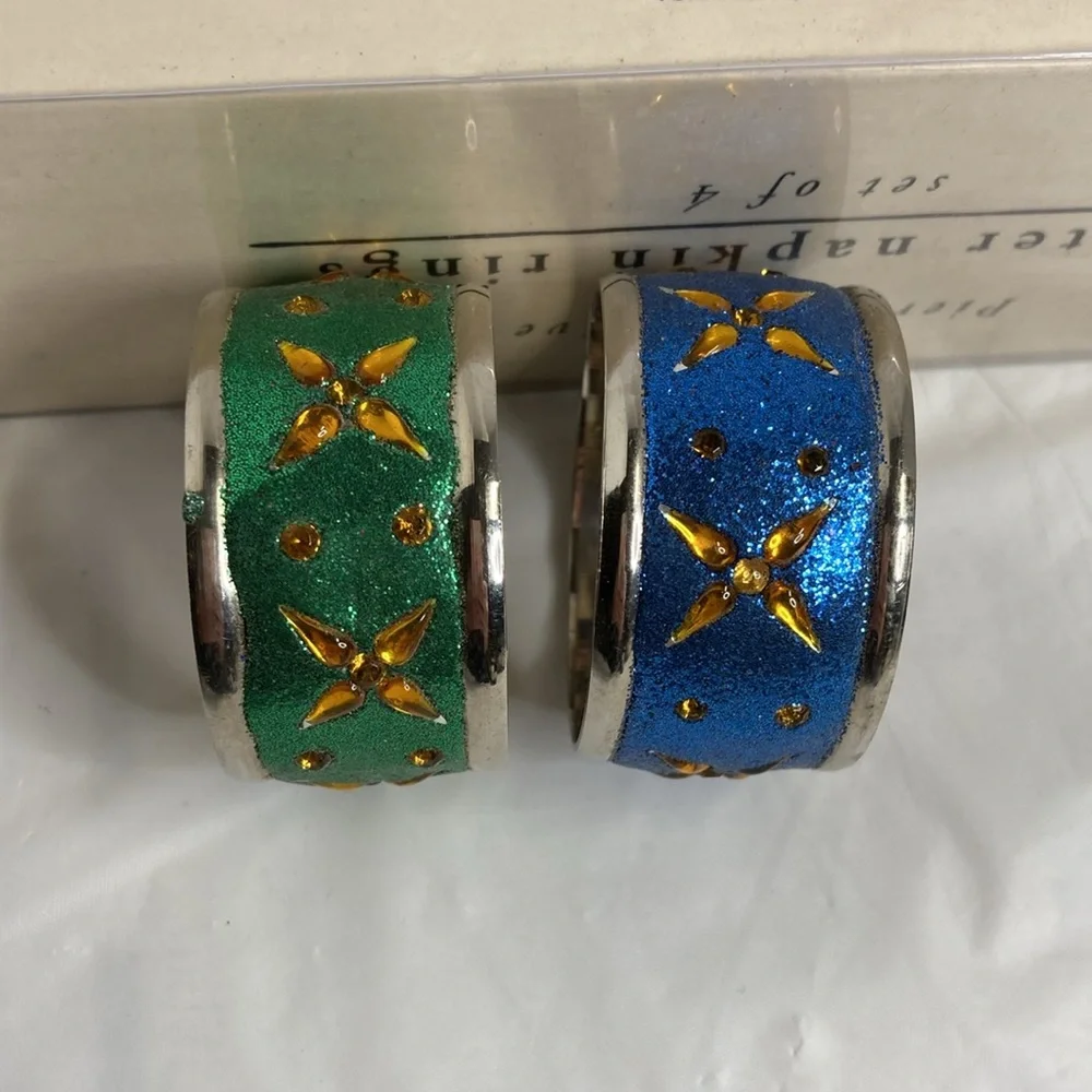 Pier 1 Exclusive Glitter Napkin Rings Lot of 6 Nickel Plated Sparkly Jeweled